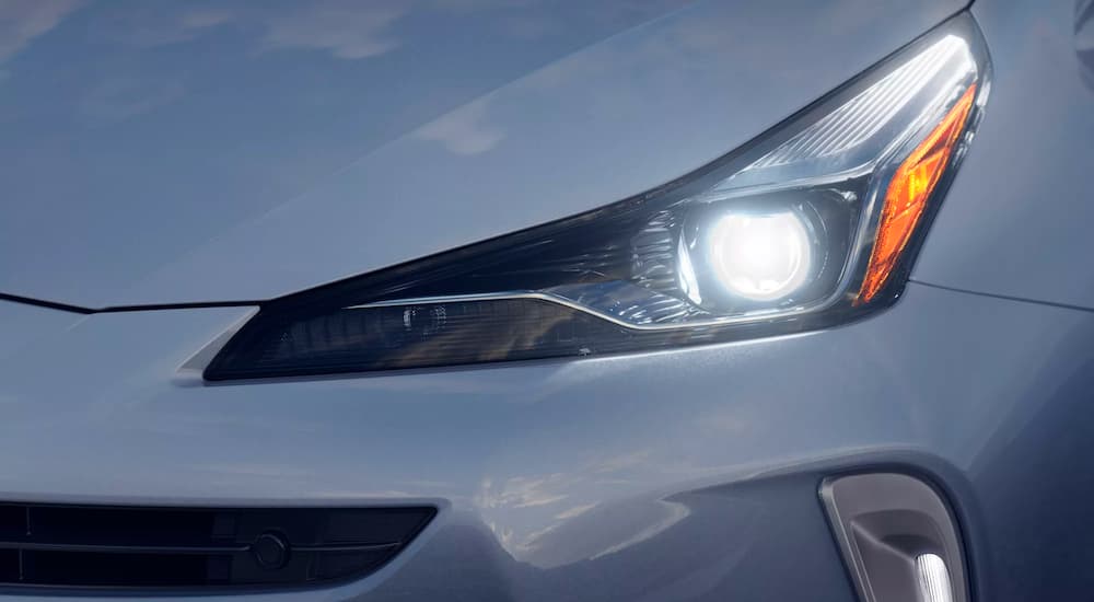 A close up shows the LED headlight on a 2022 Toyota Prius Limited.