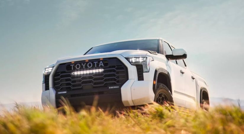 A white 2022 Toyota Tundra Pro is shown parked in a grassy field.