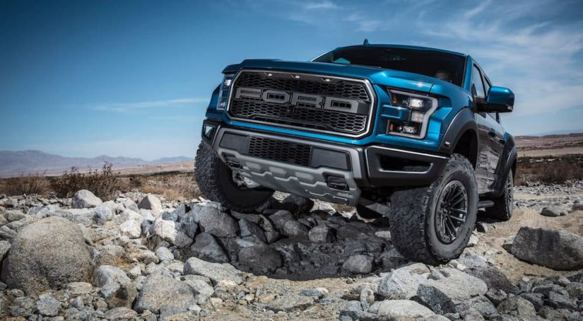 A blue 2019 Ford Raptor is shown from the front driving up a desert road.