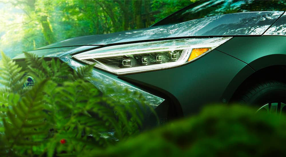 A close up shows the headlight of a green 2023 Subaru Solterra surrounded by foliage.