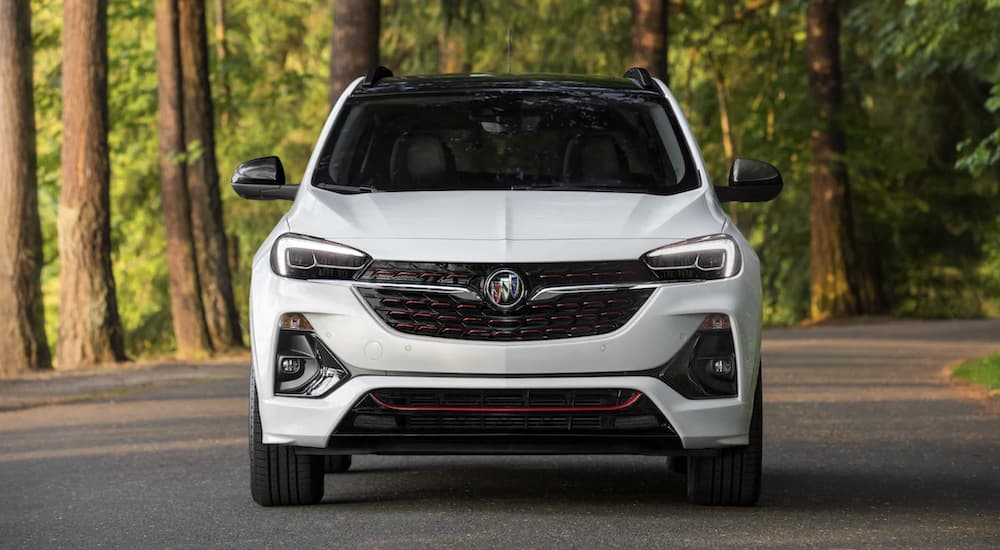 A white 2022 Buick Encore GX is shown from the front after winning a 2022 Buick Encore GX vs 2022 Hyundai Kona comparison.
