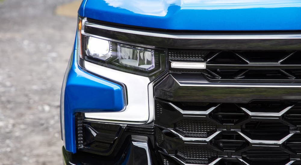 A close up shows the passanger headlight and daytime running light on a 2022 Chevy Silverado 1500 ZR2.