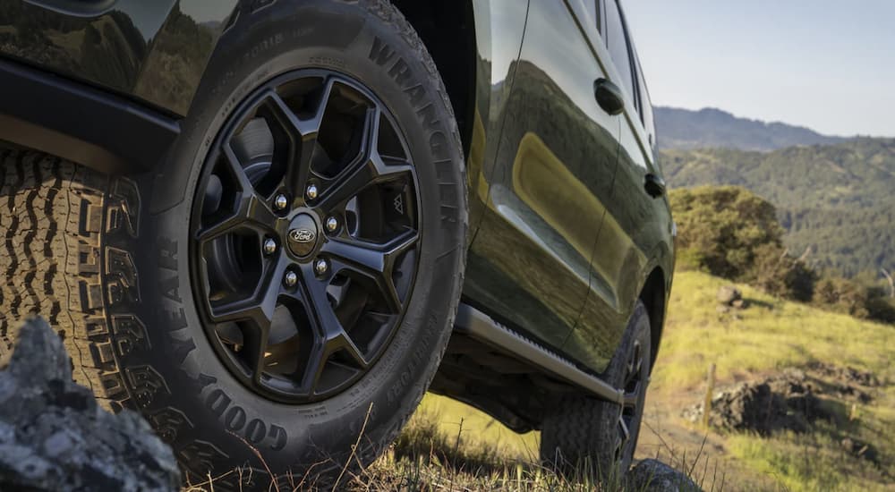 The black tire on a 2022 Expedition is shown in close up.