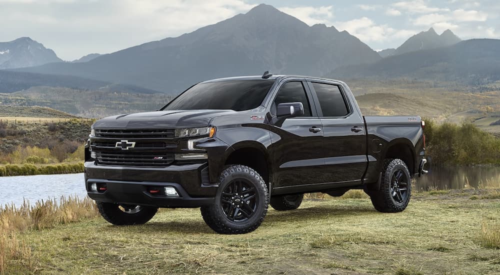 A black 2021 Chevy Silverado 1500 LTD is shown from the side parked in a field.