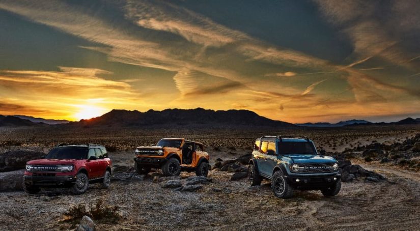 Three 2021 Ford Broncos are shown parked in the desert after leaving a Ford Bronco dealer.