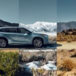 A silver 2022 Toyota Highlander Platinum is shown from the side driving on a dirt road.