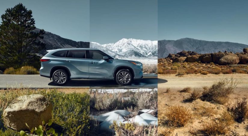 A silver 2022 Toyota Highlander Platinum is shown from the side driving on a dirt road.