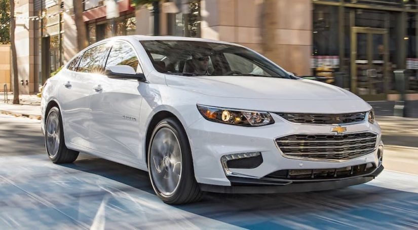 A white 2016 Chevy Malibu is shown from the front driving through a city.