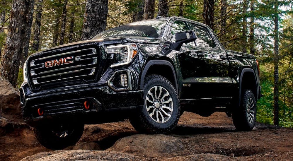 A black 2019 GMC Sierra AT4 is shown parked in the woods.