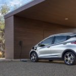 A silver 2021 Chevy Bolt EV is shown at a charging station.