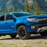 A blue 2022 Chevy Colorado Z71 is shown during a 2022 Chevy Colorado vs 2022 Nissan Frontier comparison.
