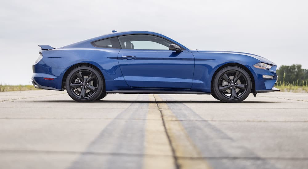 A blue 2022 Ford Mustang Ecoboost Stealth Edition is shown from the side.