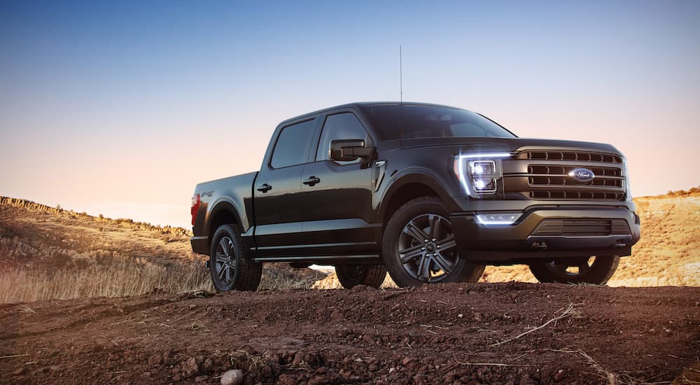 A black 2022 Ford F-150 is shown from the front at an angle parked on dirt.