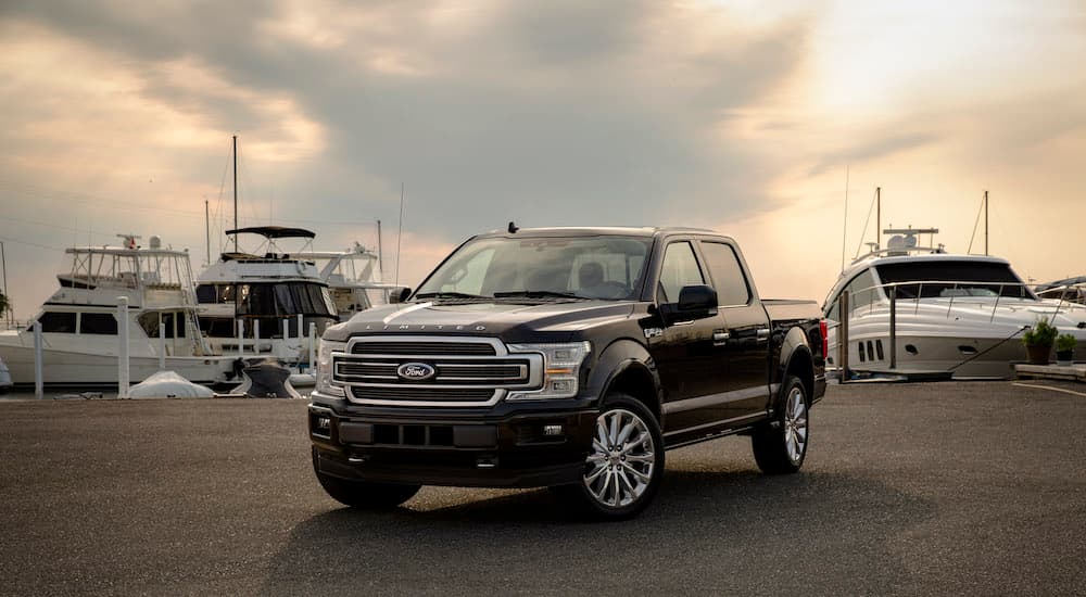 A black 2019 Ford F-150 Limited is shown parked at a marina.