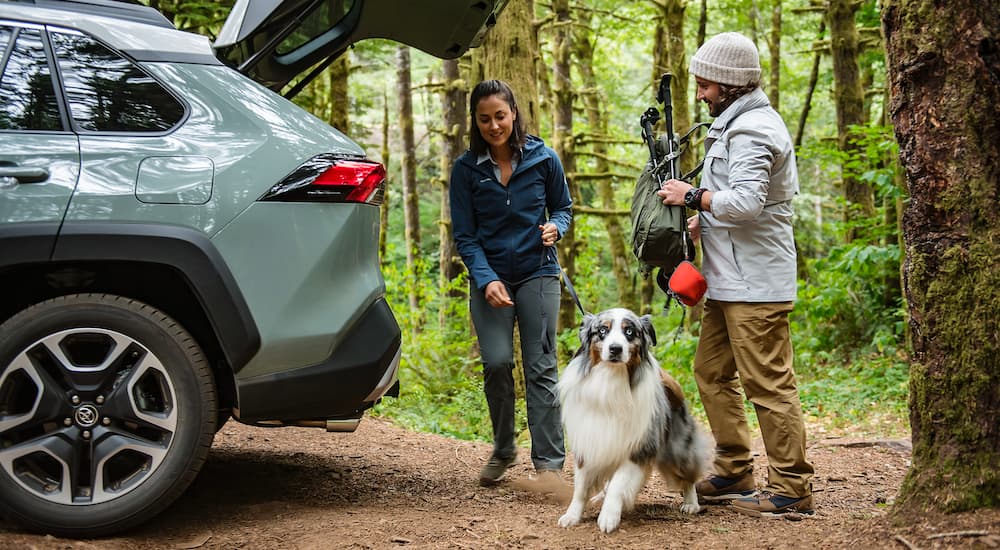 A popular vehicle for online cars sales, a green 2020 Toyota RAV4, is shown with hikers and a dog.