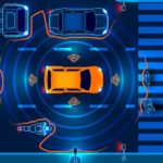 An orange self driving car is shown from above displaying sensors working.