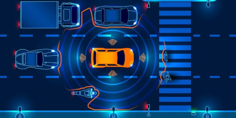 An orange self driving car is shown from above displaying sensors working.