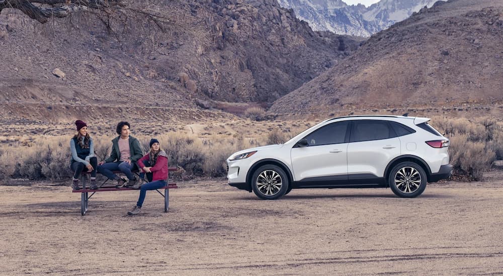 A white 2022 Ford Escape SE is shown from the side parked near a hiking trail in the mountains.