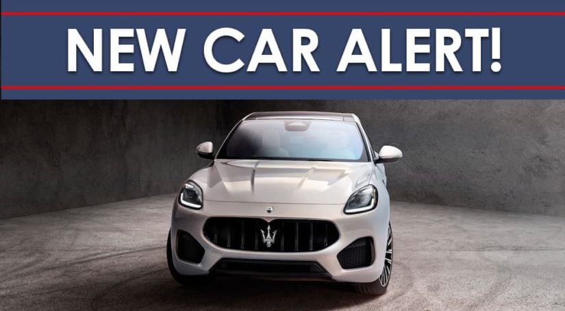 A white 2023 Maserati Grecale is shown from the front beneath a new car alert banner.