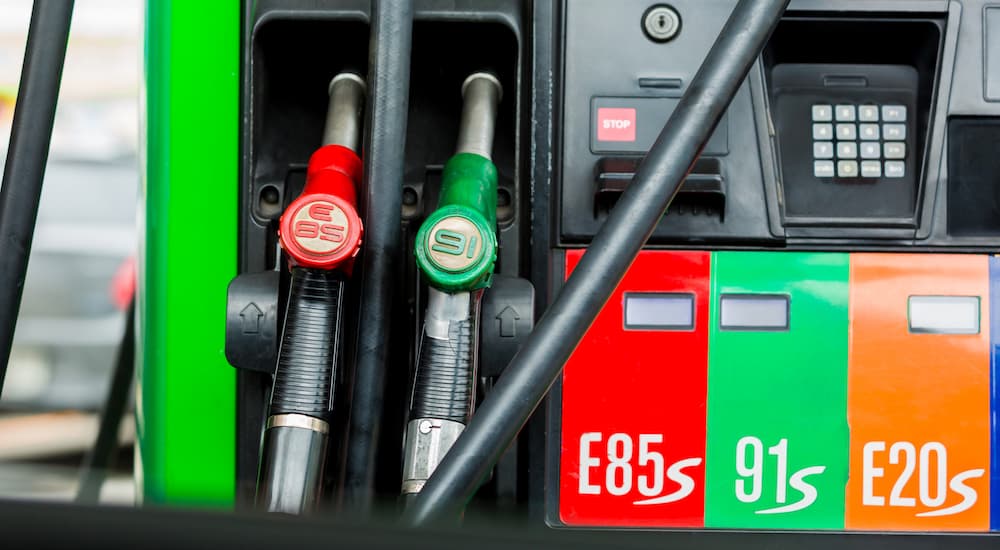 Multicolored fuel nozzles are shown with E85, 91 octane, and E20.