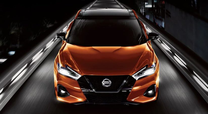 An orange 2021 Nissan Maxima is shown from the front on a dark road.