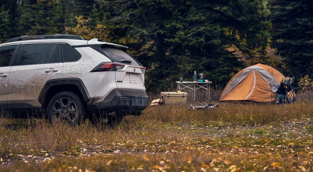 The rear of a white 2022 Toyota RAV4 TRD Pro is shown at a remote campsite.