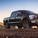 A 2022 Ford F-150 is shown from the front at an angle during a 2022 Chevy Silverado 1500 vs 2022 Ford F-150 comparison.