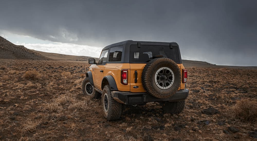 An orange 2022 Ford Bronco Black Diamond is shown from the rear in a dry open field.