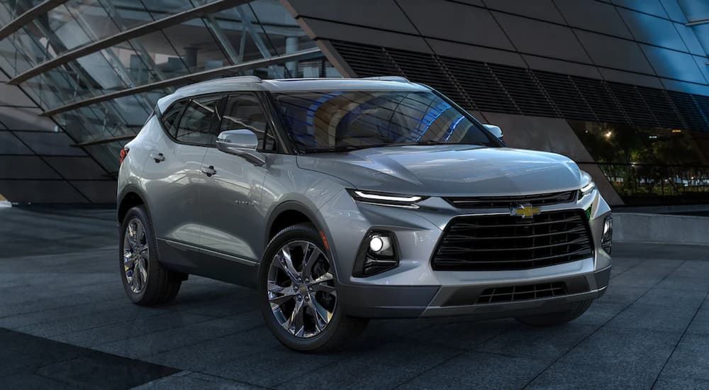 A silver 2022 Chevy Blazer is shown parked from the side.
