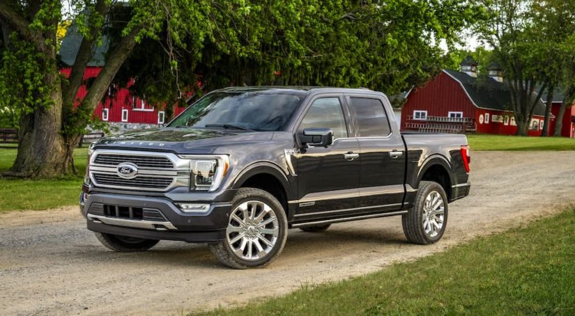 A grey 2022 Ford F-150 Limited is shown from the front at an angle on a dirt road during a 2022 Ford F-150 vs 2022 Ram 1500 comparison.