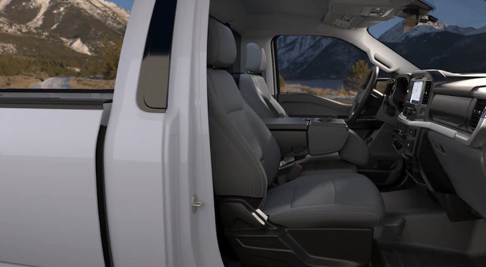 The cab of a white 2022 Ford F-150 XL is shown.