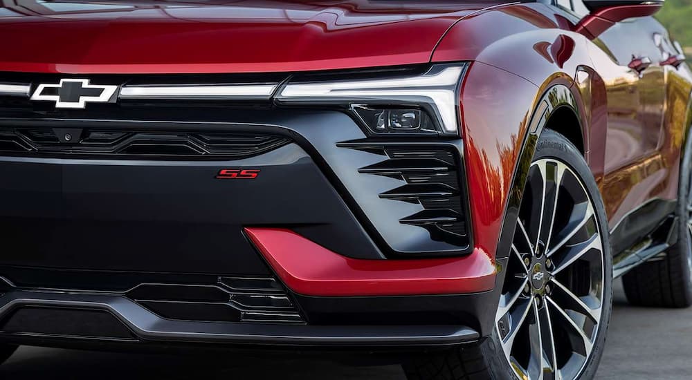 A close up of the front of a red 2024 Chevy Blazer EV SS is shown.