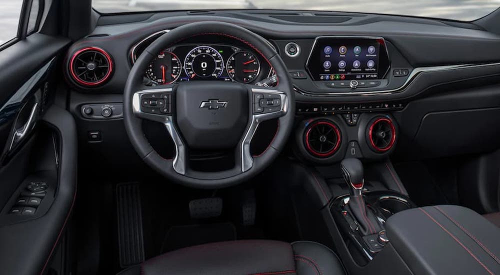 The interior of a 2023 Chevy Blazer Premier is shown from the drivers seat after leaving a Chevy Blazer dealer.