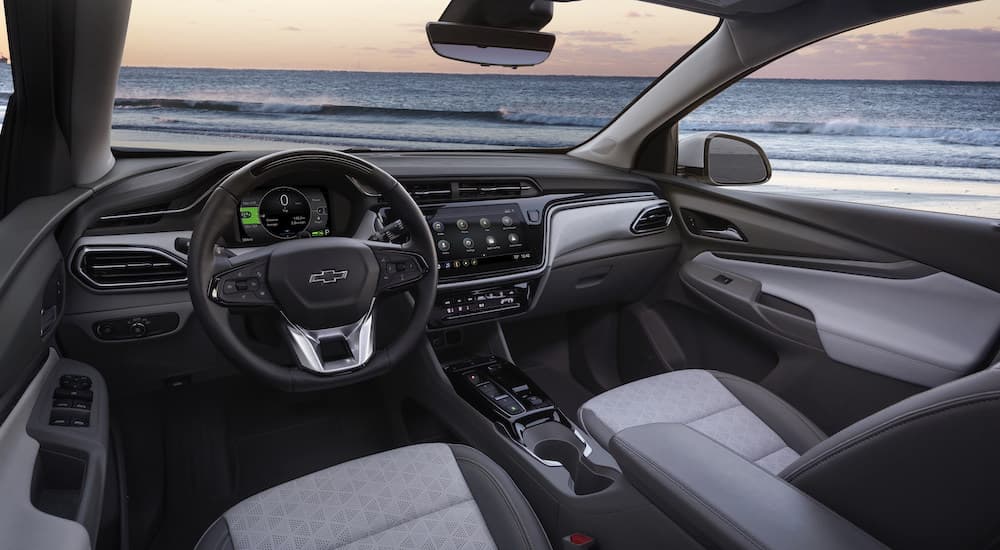 The interior of a 2023 Chevy Bolt EUV is shown from the driver's seat.