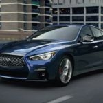 A blue 2022 INFINITI Q50 is shown from the front at an angle.