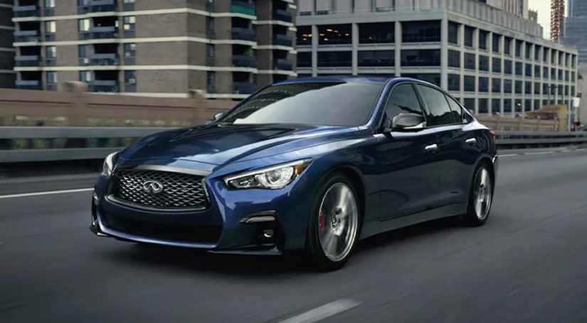 A blue 2022 INFINITI Q50 is shown from the front at an angle.