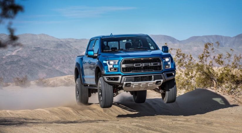 A blue 2019 Ford F-150 Raptor is shown from the front while jumping over a hill.