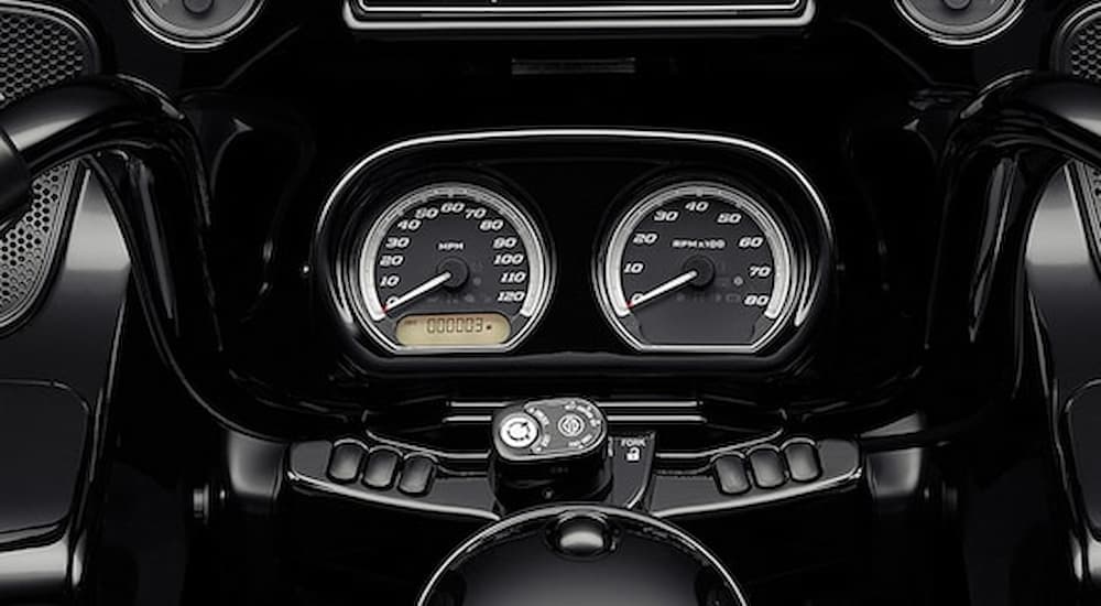 The speedometer and odometer on a 2022 Harley-Davidson Road Glide Limited are shown.