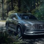 A grey 2023 Mazda CX-9 is shown from the front at an angle in the forest.