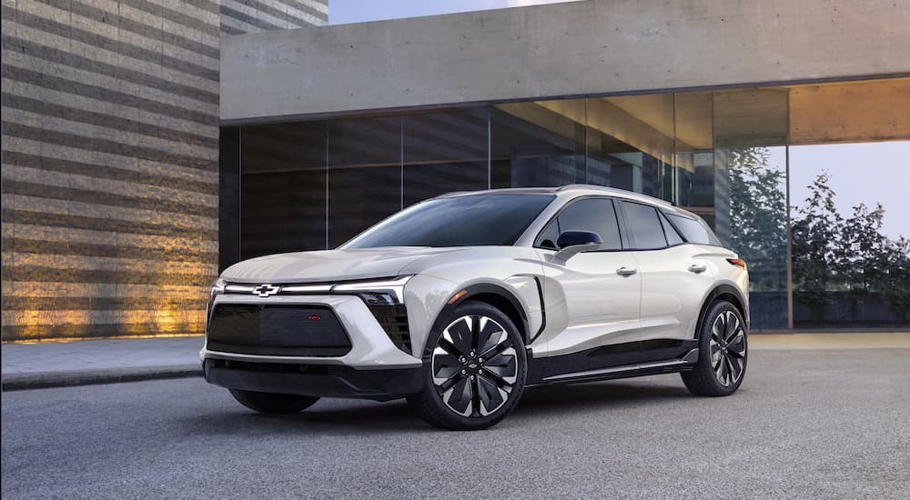 A white 2024 Chevy Blazer EV SS is shown from the front at an angle.