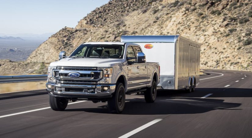A white 2022 Ford F-350 Platinum is shown from the front
