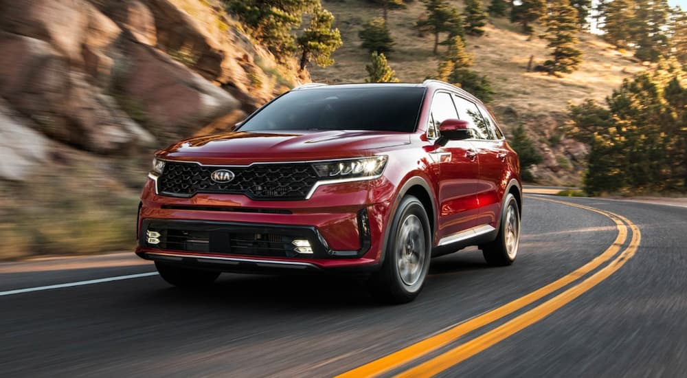 A red 2022 Kia Sorento is shown from the front at an angle while rounding a bend after leaving a dealer that advertised that it had SUVs for sale.