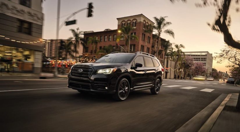 A black 2023 Subaru Ascent is shown from the front at an angle on a city street.