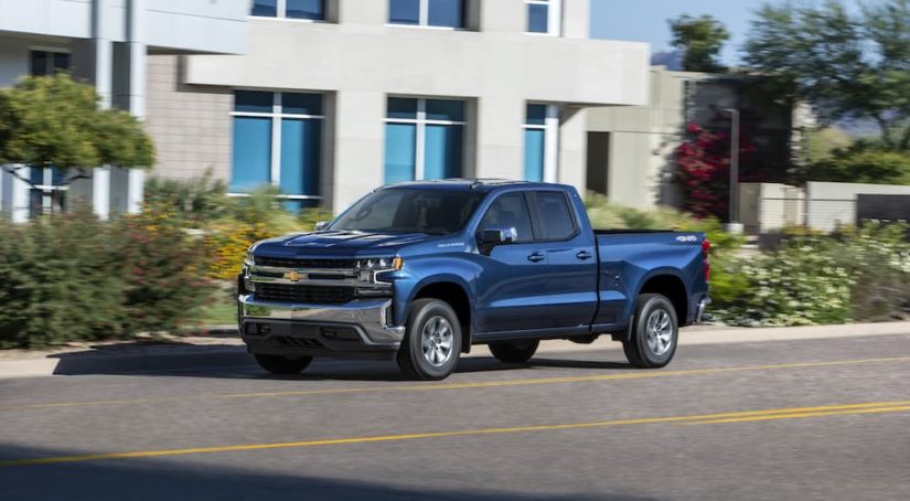 A popular work truck for sale, a blue 2019 Chevy Silverado 1500, is shown from the side driving on an open road.