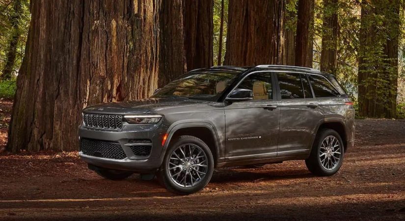 A grey 2022 Jeep Grand Cherokee is shown from the front at an angle while parked in a forest after leaving a dealer that had a used Jeep Grand Cherokee.