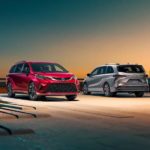 A red and a silver 2023 Toyota Sienna XSE are shown parked at sunset.
