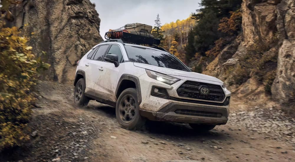 A white 2023 Toyota RAV4 TRD Off-Road is shown off-roading down a dirt path.