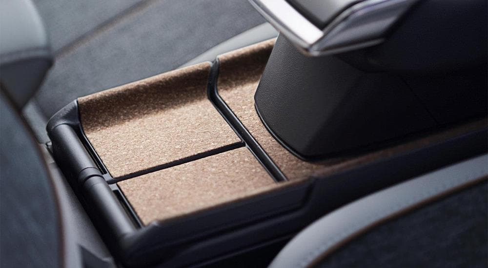 A close up shows the cork lined center console in a 2022 Mazda MX-30.