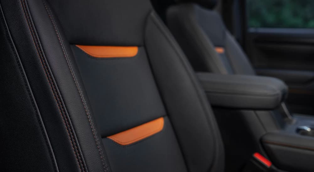 A close up shows the leather seats in a 2023 GMC Sierra 1500 AT4.