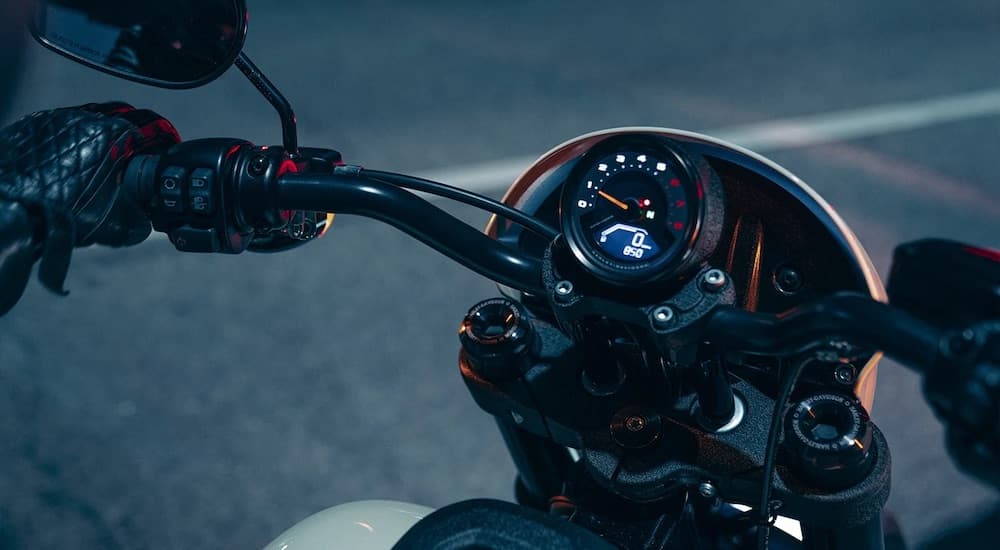 A close-up on the handles of a 2023 Harley-Davidson Low Rider S is shown.